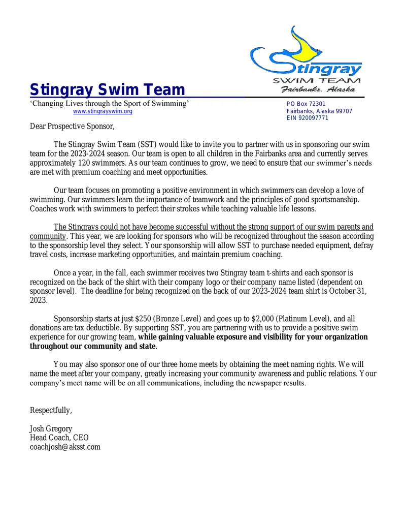 Stingray Swim Team Sponsorship Opportunities