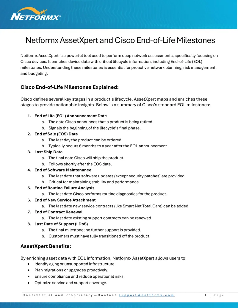 Netformx AssetXpert and Cisco End-of-Life Milestones