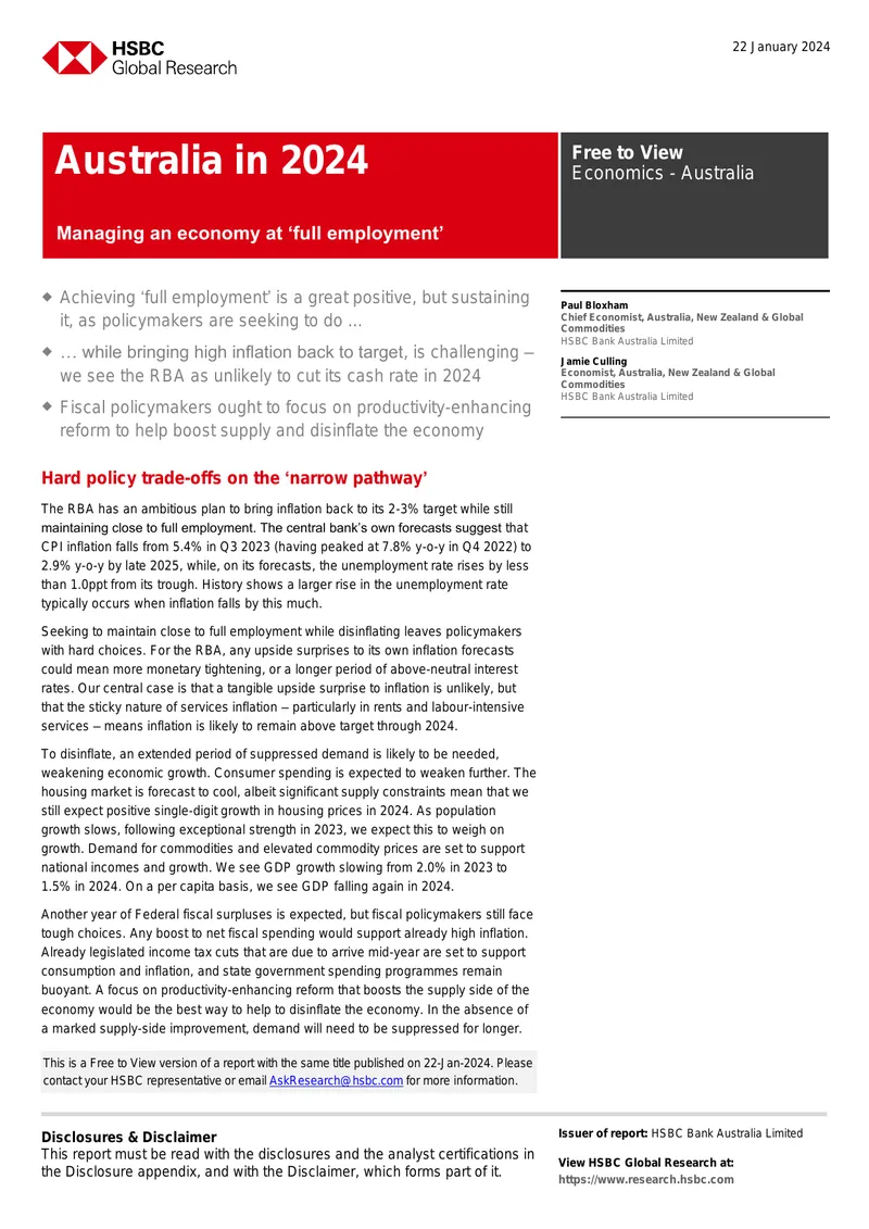 Managing Full Employment and Inflation in Australia