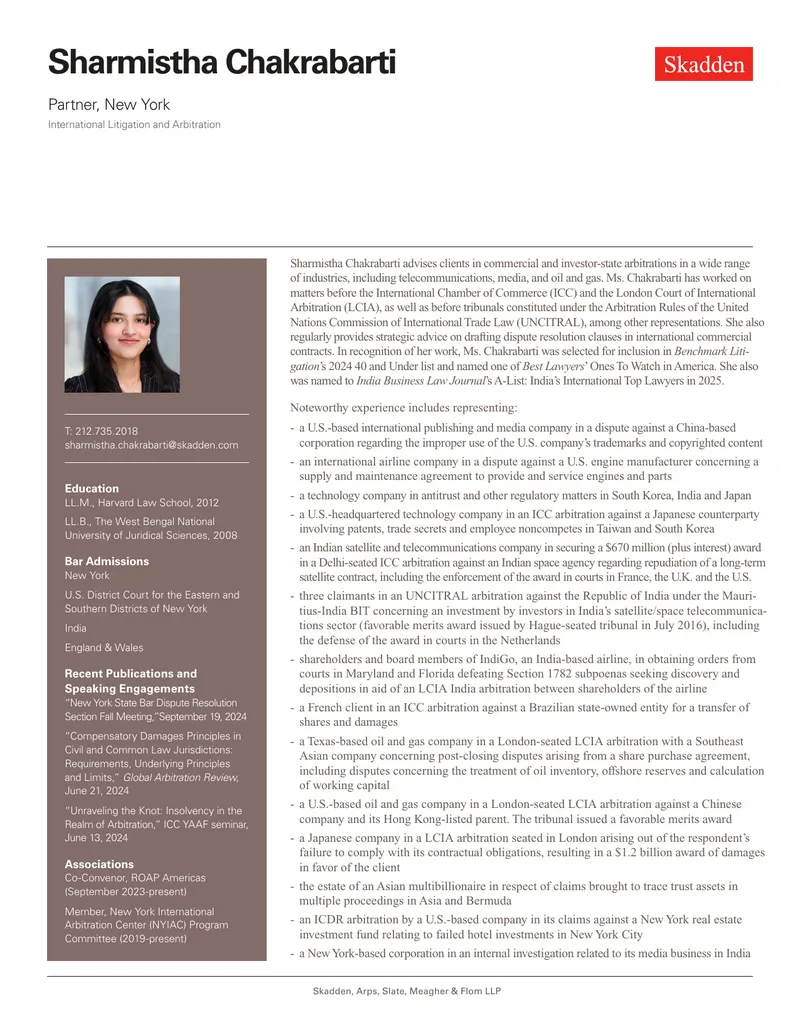 Profile of Sharmistha Chakrabarti in International Arbitration
