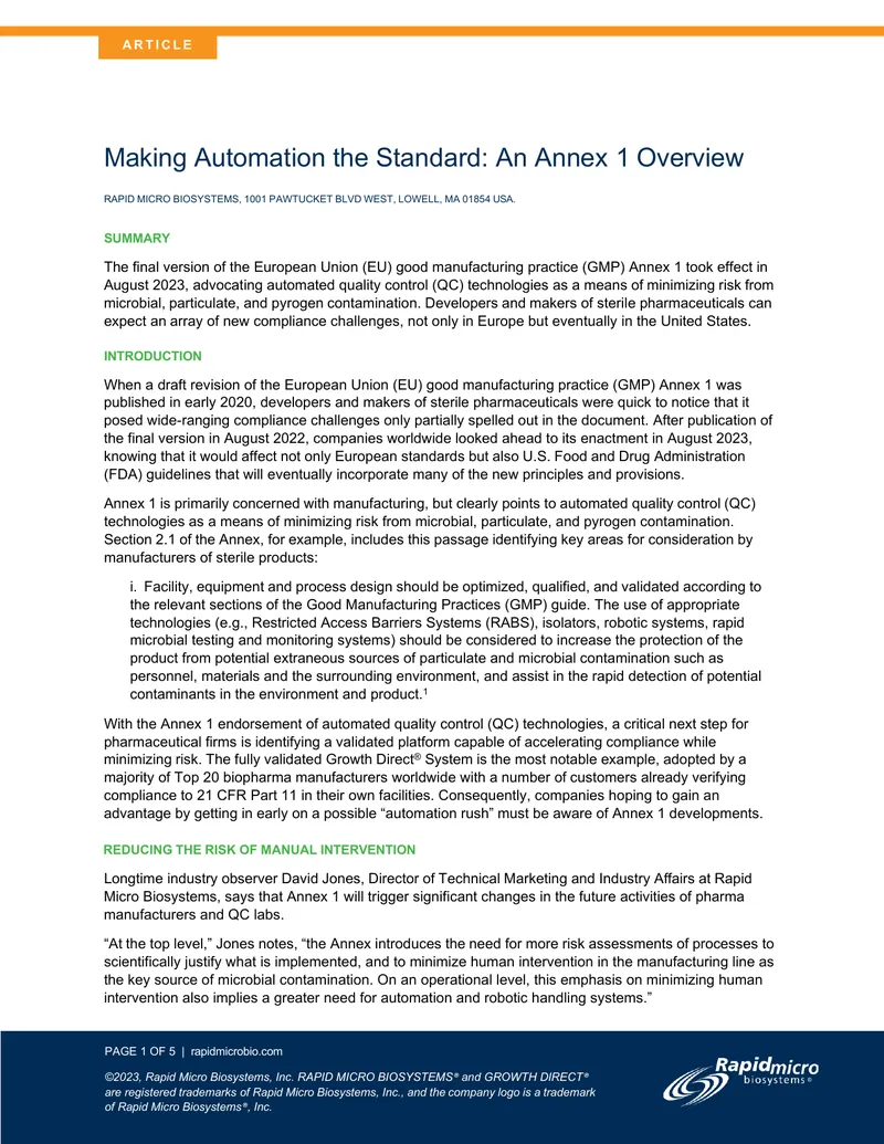 Making Automation the Standard: An Annex 1 Overview