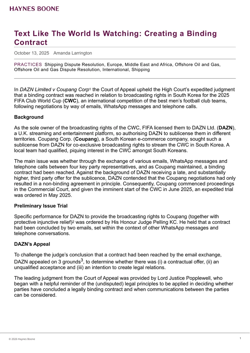 Binding Contract Formation in Broadcasting Rights