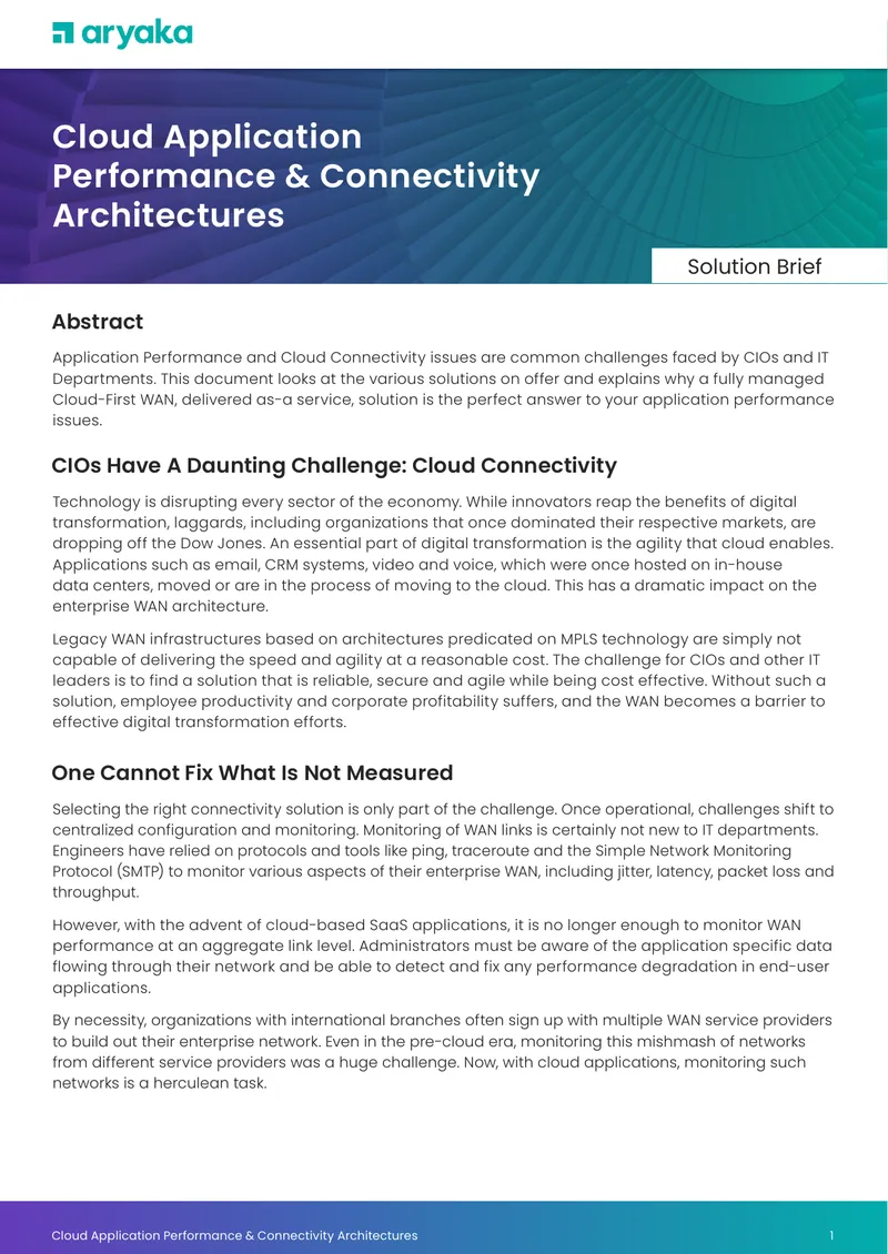 Cloud Application Performance and Connectivity Architectures