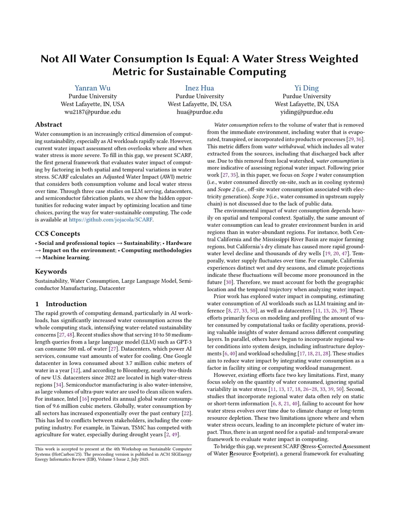 Water Stress Weighted Metric for Sustainable Computing