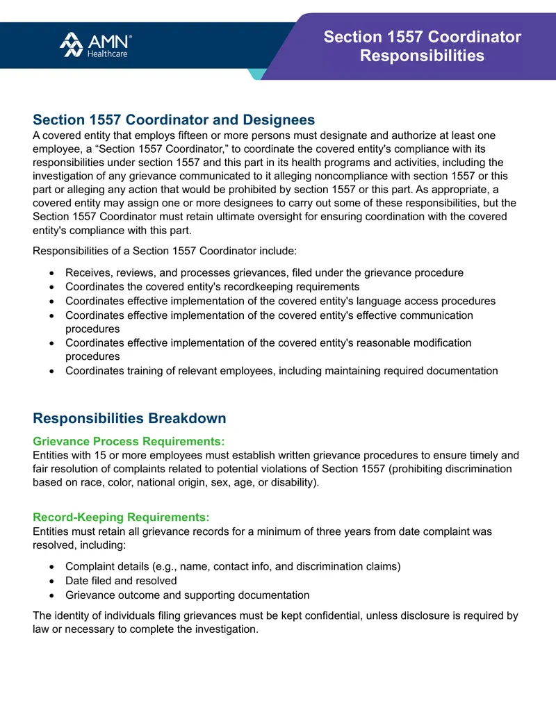 Section 1557 Coordinator Responsibilities Guide