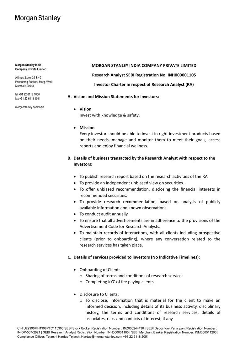 Investor Charter for Research Analyst Services