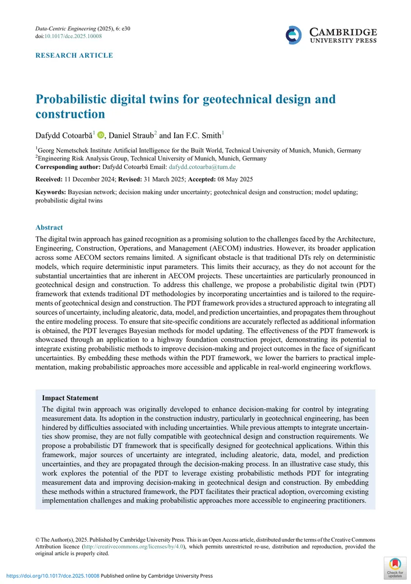 Probabilistic Digital Twins for Geotechnical Design and Construction