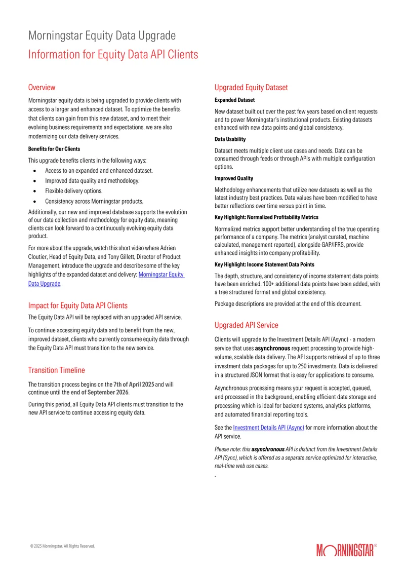 Morningstar Equity Data Upgrade Information