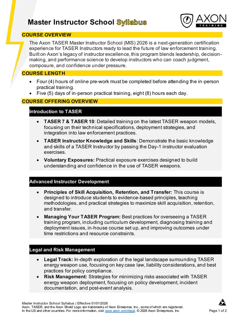 Master Instructor School Syllabus for TASER Training