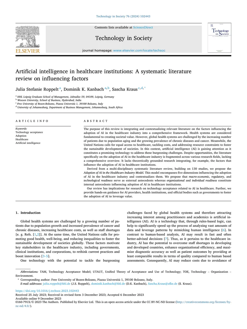 Artificial Intelligence Adoption in Healthcare Institutions