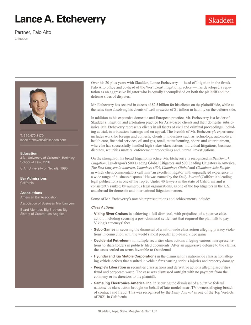 Lance A. Etcheverry Litigation Profile
