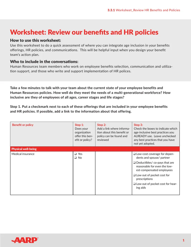 Worksheet for Reviewing HR Benefits and Policies