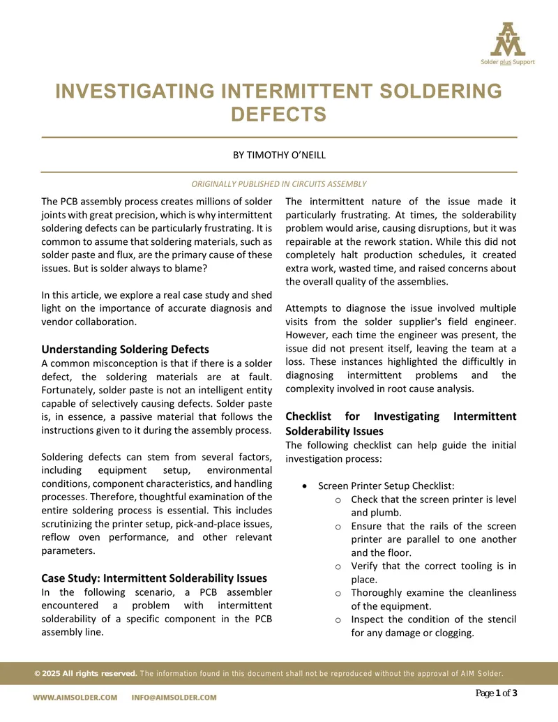 Investigating Intermittent Soldering Defects