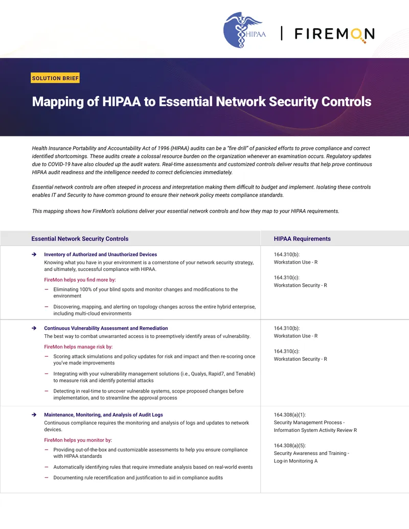 Mapping of HIPAA to Essential Network Security Controls