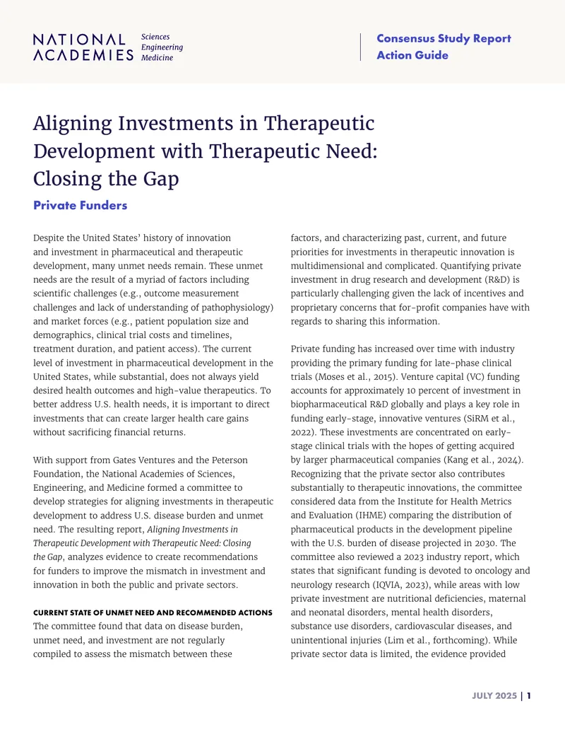 Aligning Investments in Therapeutic Development with Therapeutic Need