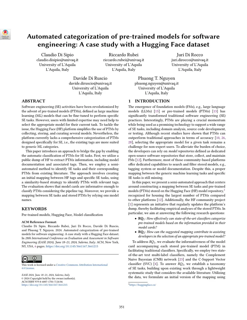 Automated Categorization of Pre-trained Models for Software Engineering