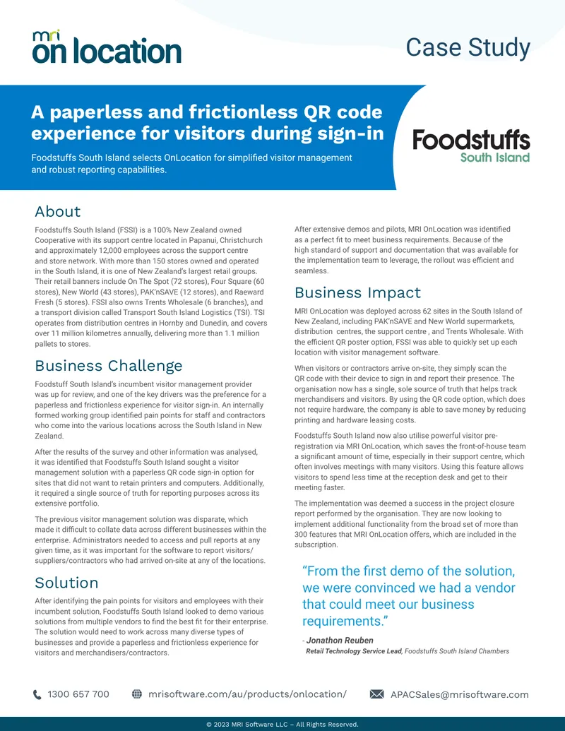 Visitor Management Solution Implementation at Foodstuffs South Island