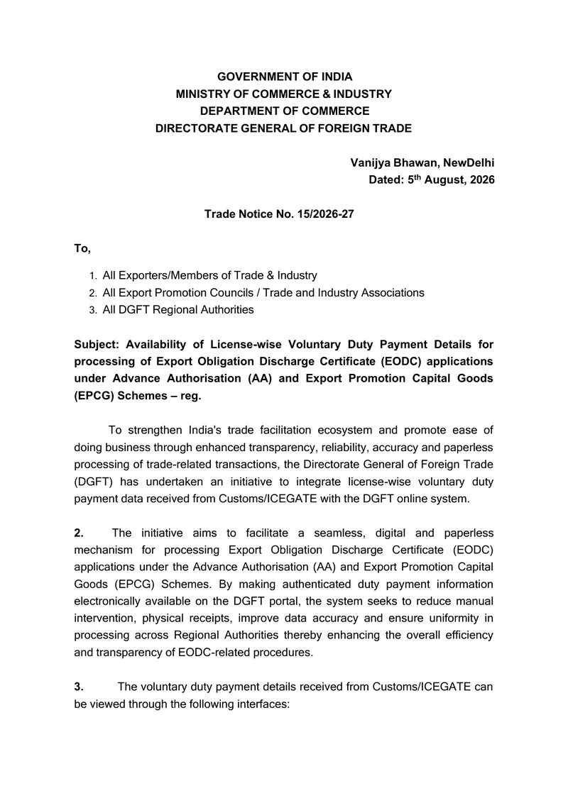 Voluntary Duty Payment Details for EODC Applications