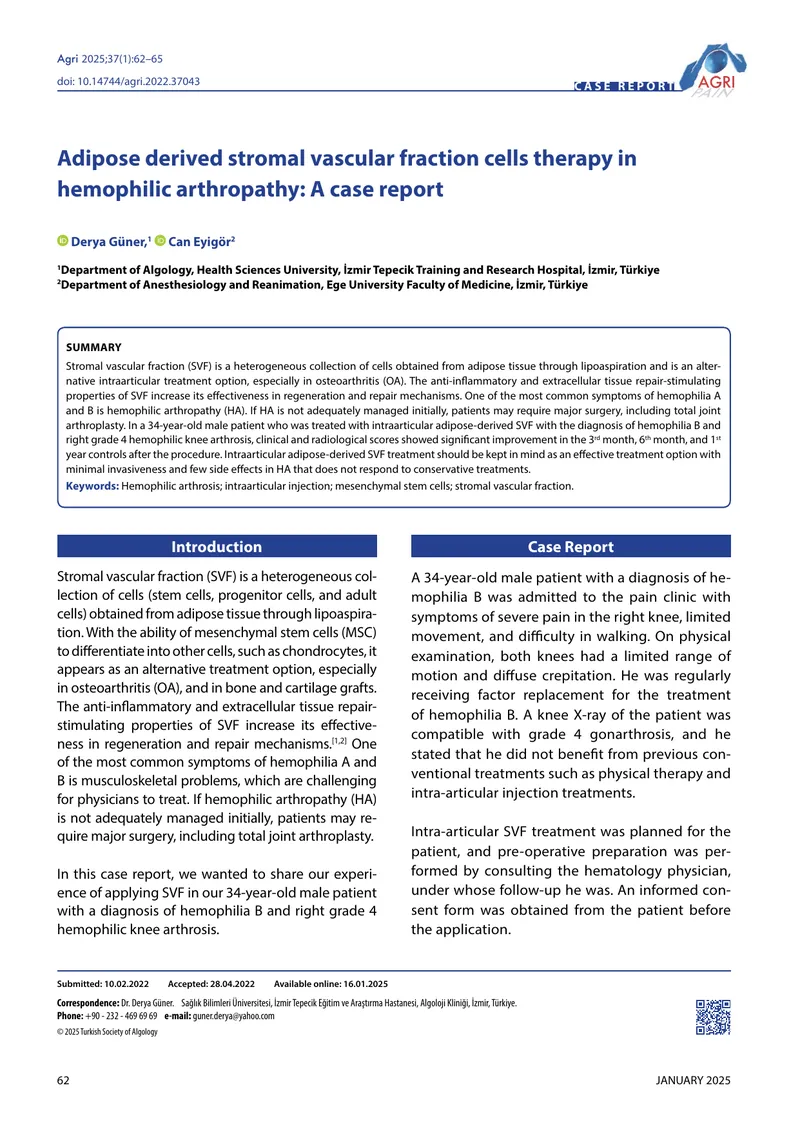 Adipose Derived Stromal Vascular Fraction Cells Therapy in Hemophilic Arthropathy