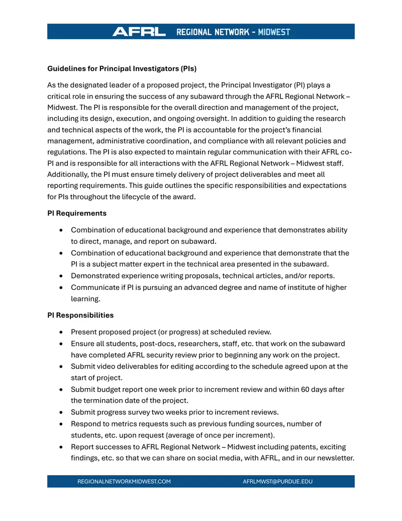 Guidelines for Principal Investigators in AFRL Projects