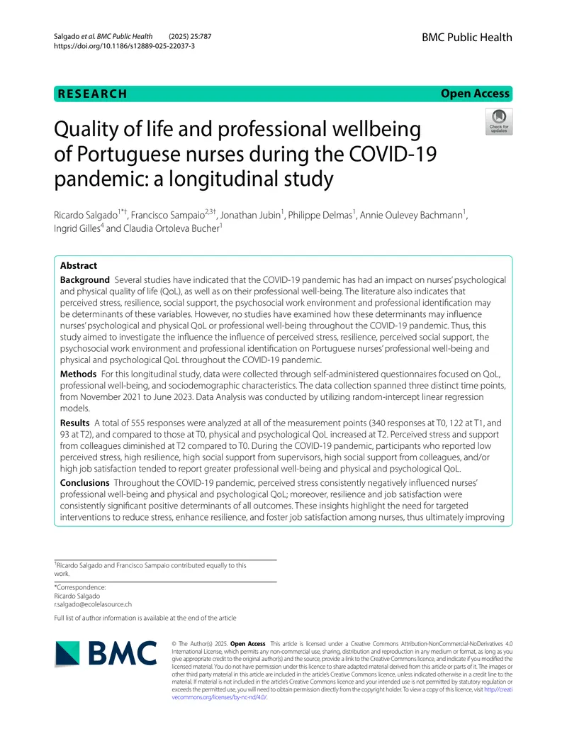 Impact of COVID-19 on Nurses' Quality of Life