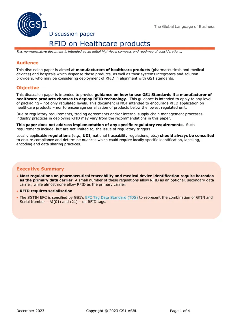 RFID Implementation Guidance for Healthcare Products