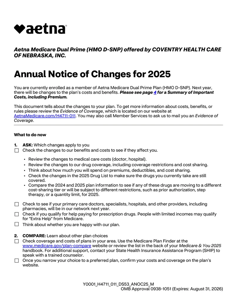 Aetna Medicare Dual Prime Annual Notice of Changes for 2025