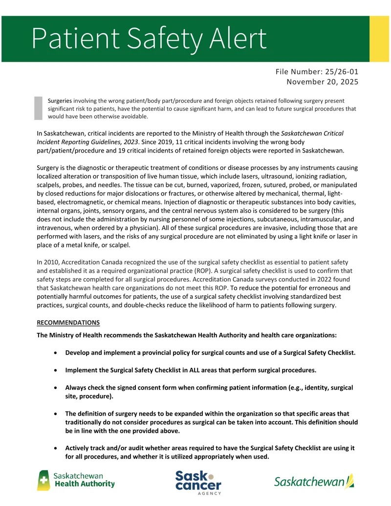Patient Safety Alert on Surgical Procedures