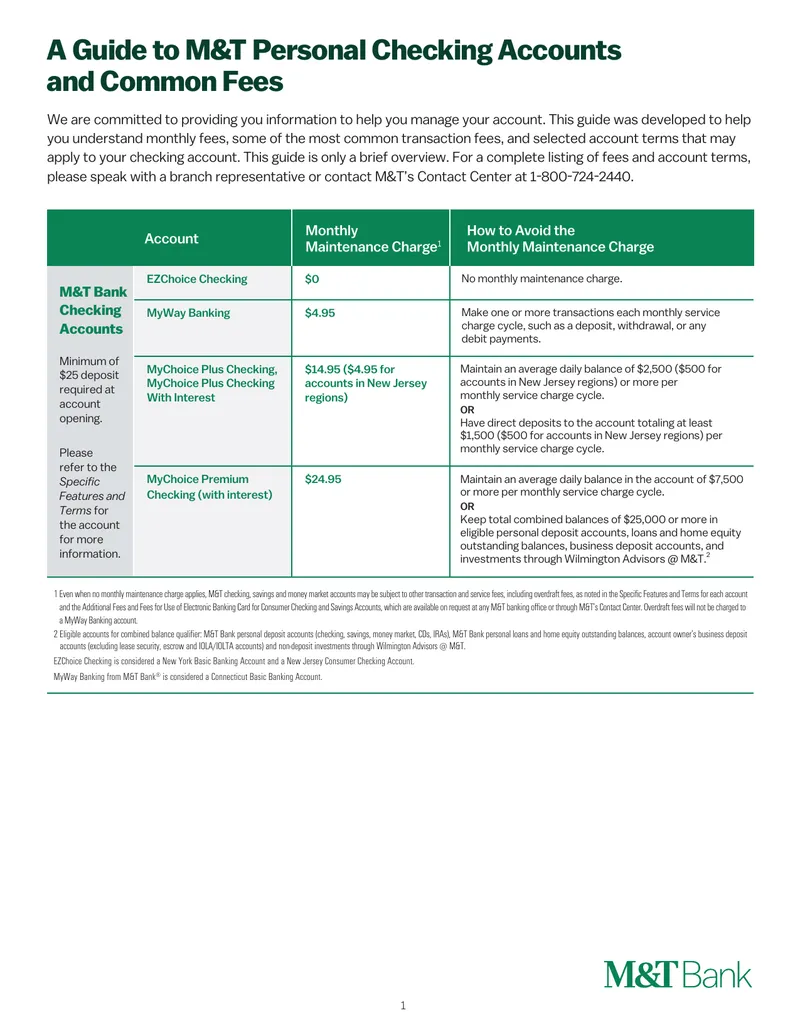 Guide to M&T Personal Checking Accounts and Fees