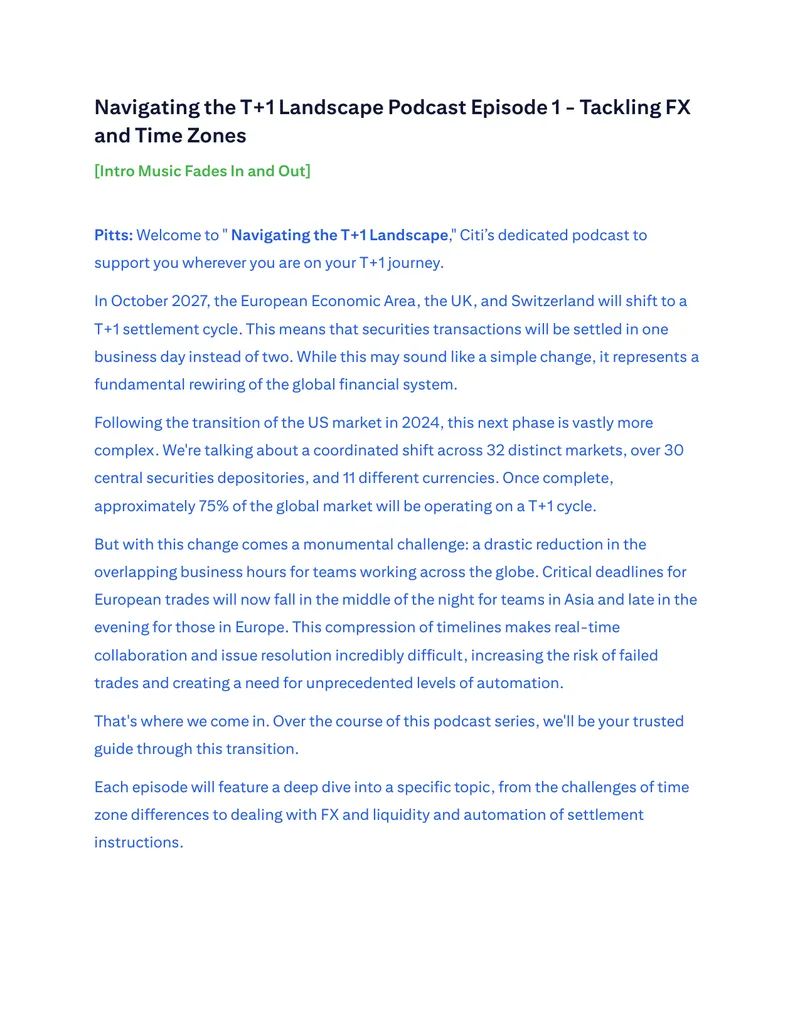 Navigating the T+1 Landscape Podcast Episode 1