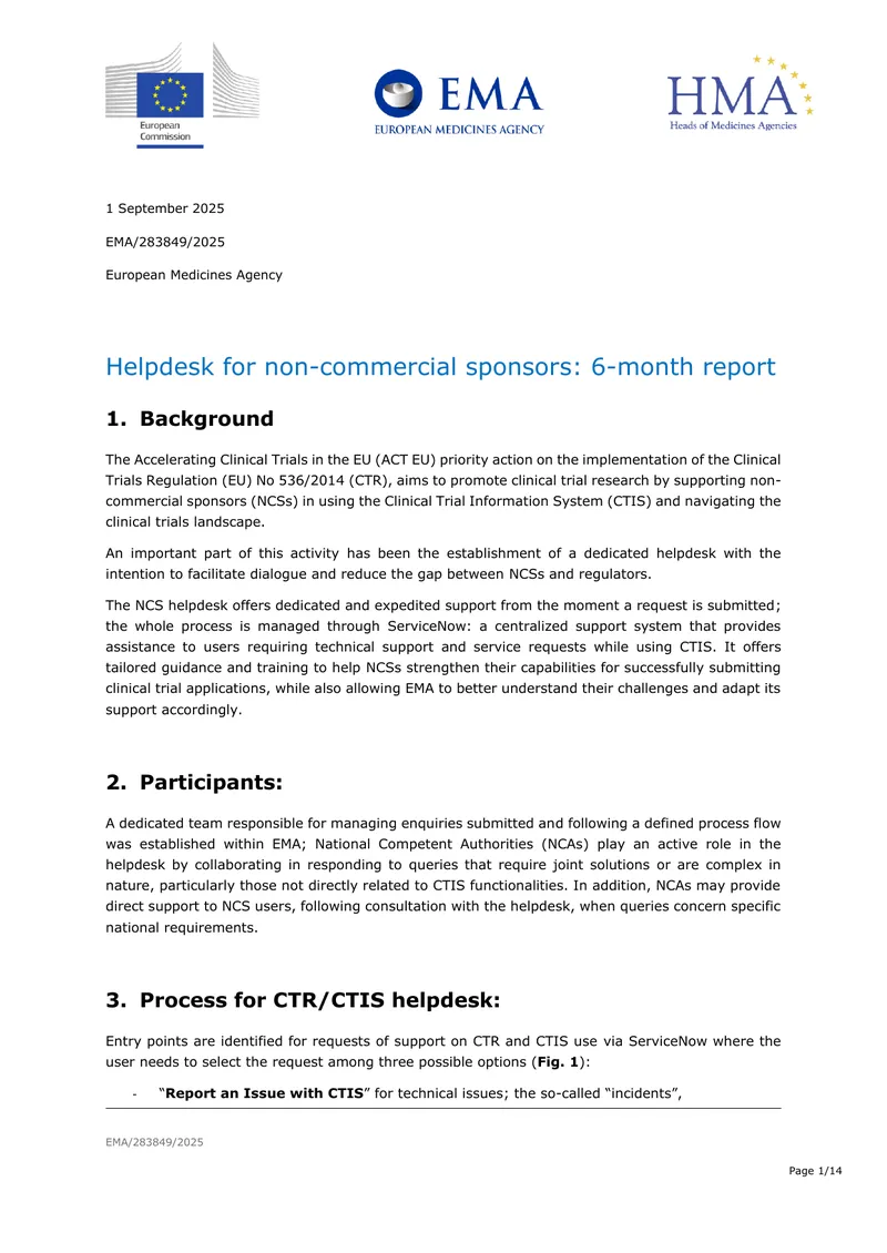 Helpdesk Activity Report for Non-Commercial Sponsors