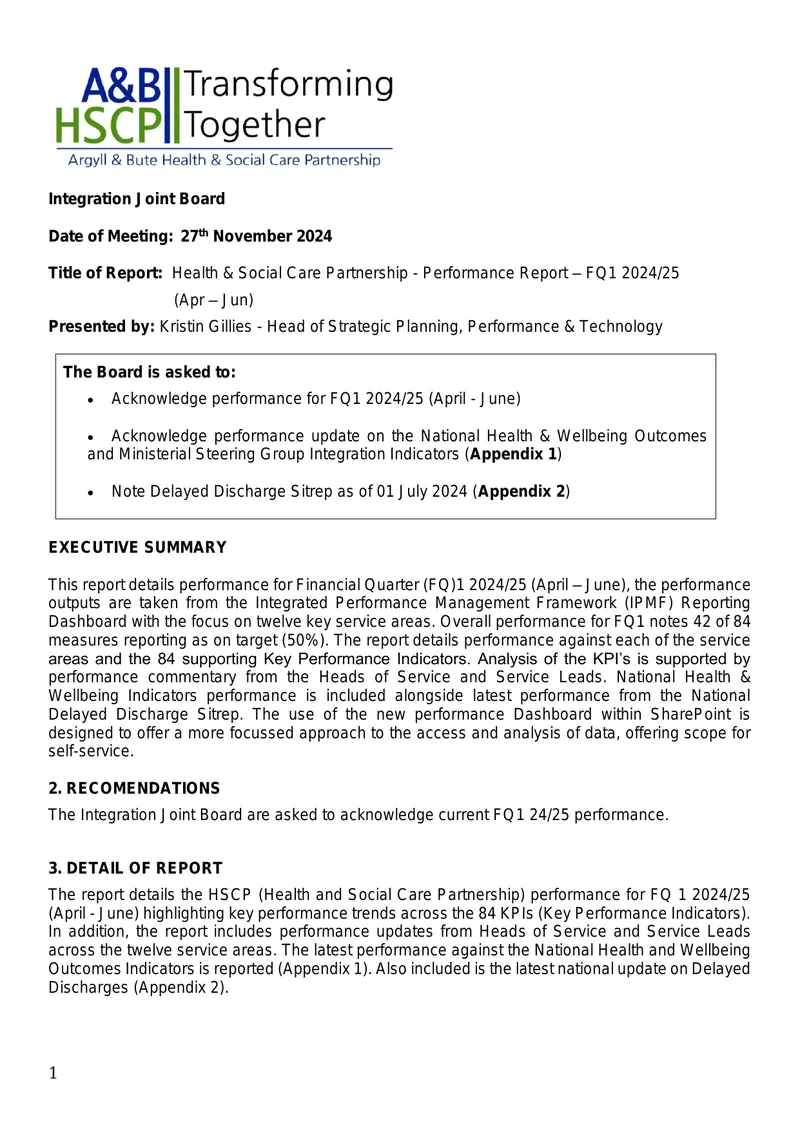 Health and Social Care Partnership Performance Report FQ1 2024/25