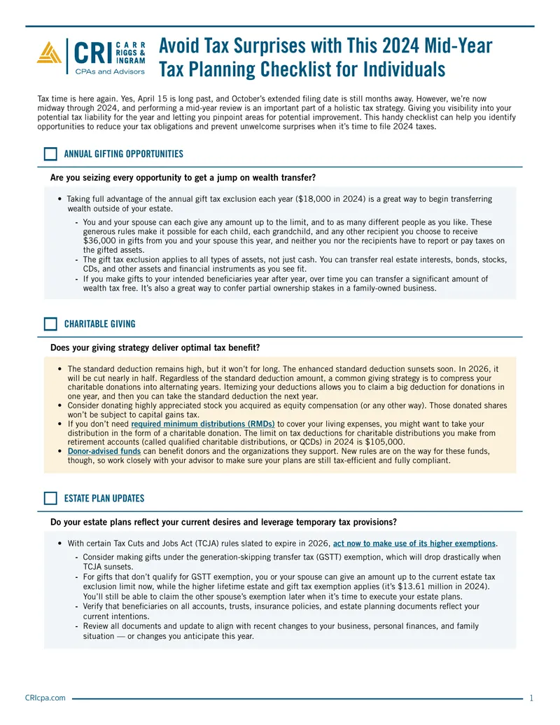 2024 Mid-Year Tax Planning Checklist for Individuals