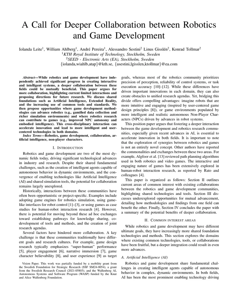 Collaboration Opportunities between Robotics and Game Development