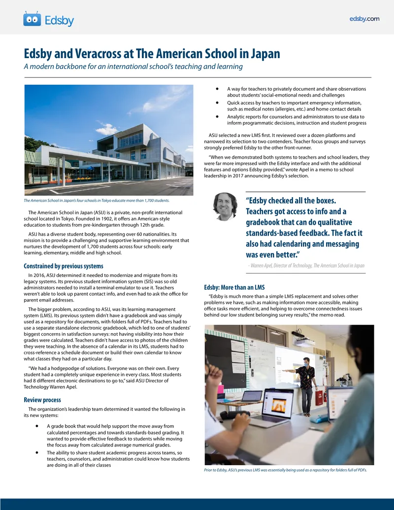 Implementation of Edsby and Veracross at ASIJ