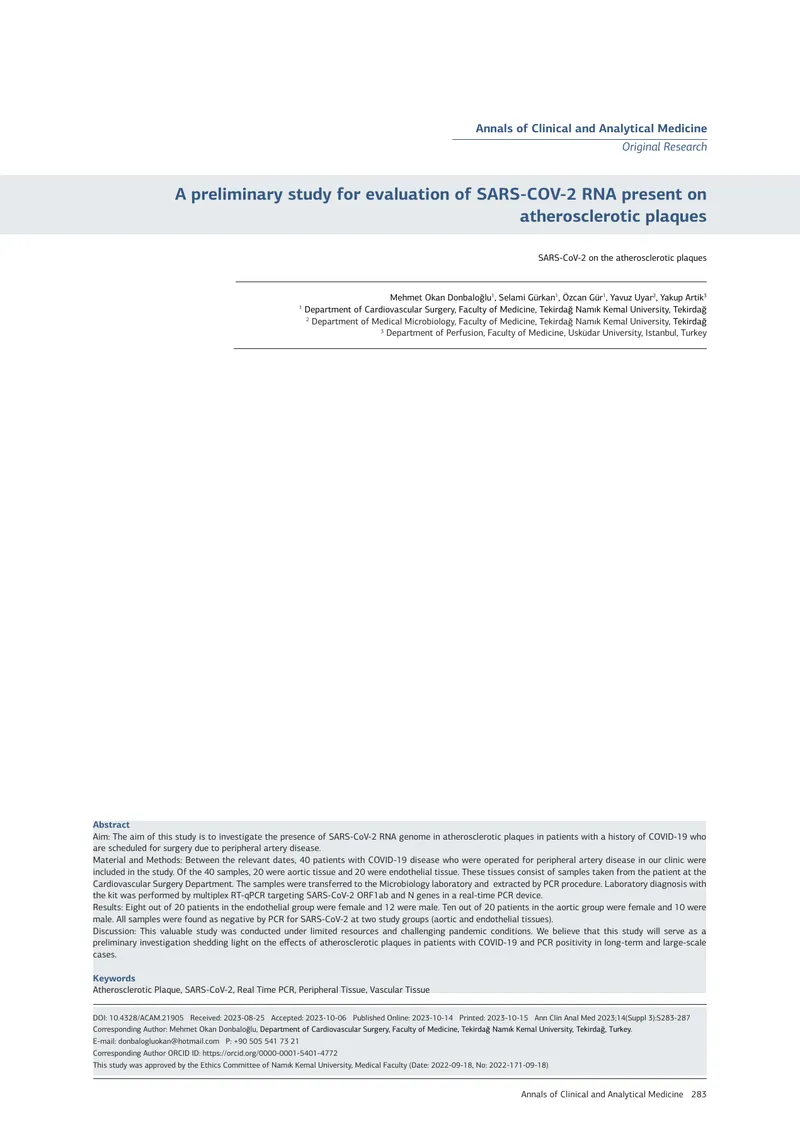 Investigation of SARS-CoV-2 RNA in Atherosclerotic Plaques