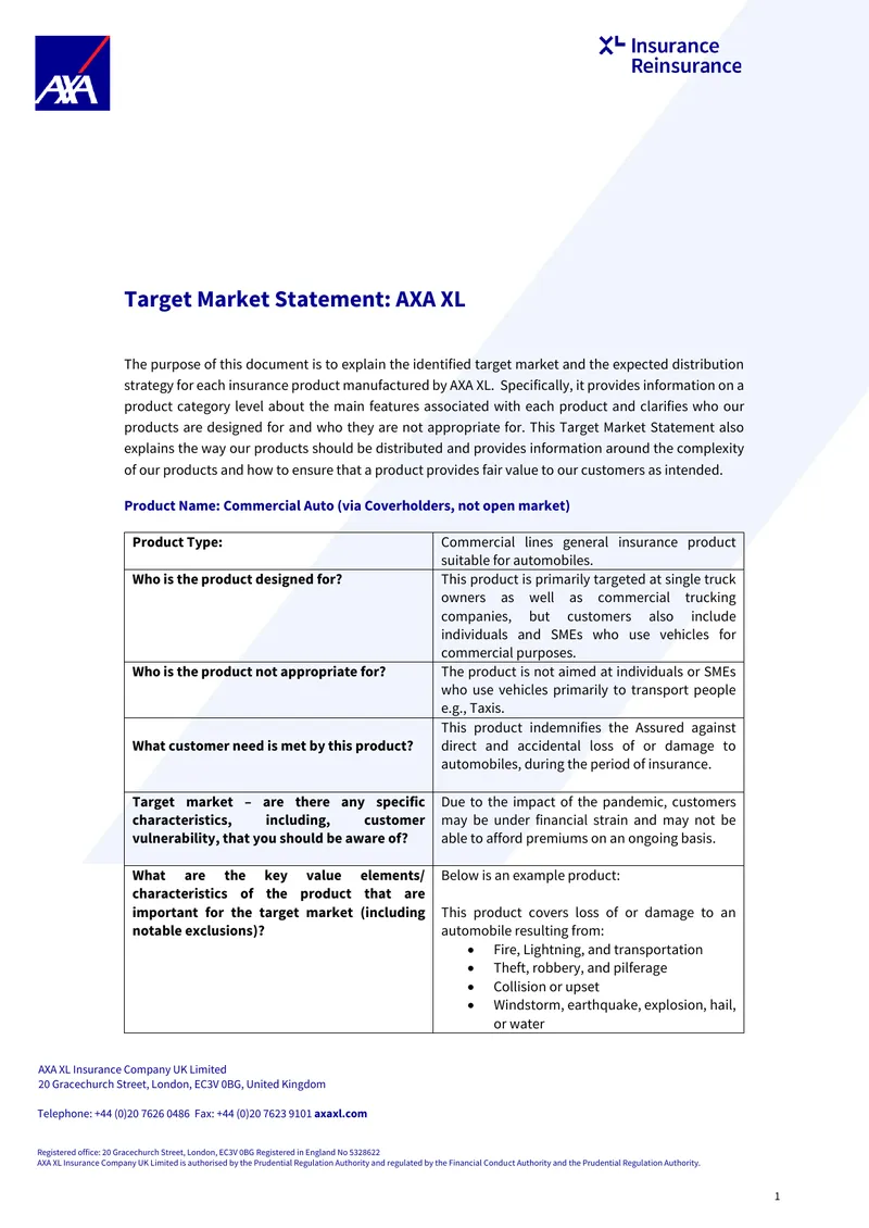 AXA XL Target Market Statement for Commercial Auto Insurance