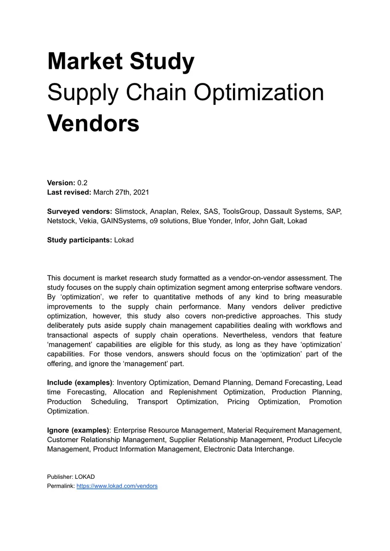 Market Study on Supply Chain Optimization Vendors