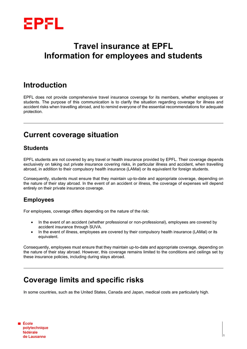 Travel Insurance Information for EPFL Members