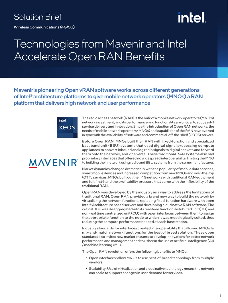 Technologies from Mavenir and Intel Accelerate Open RAN Benefits