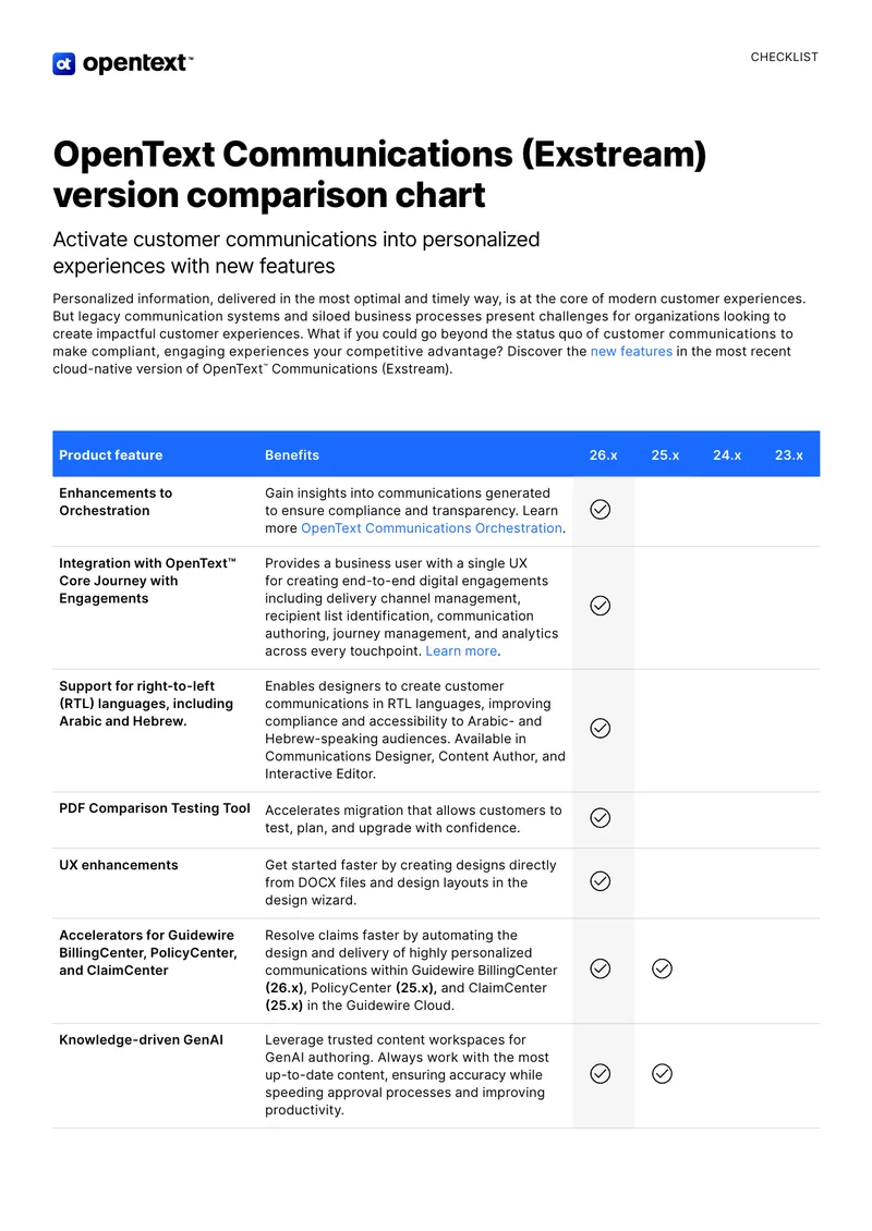 OpenText Communications Exstream Version Comparison Chart
