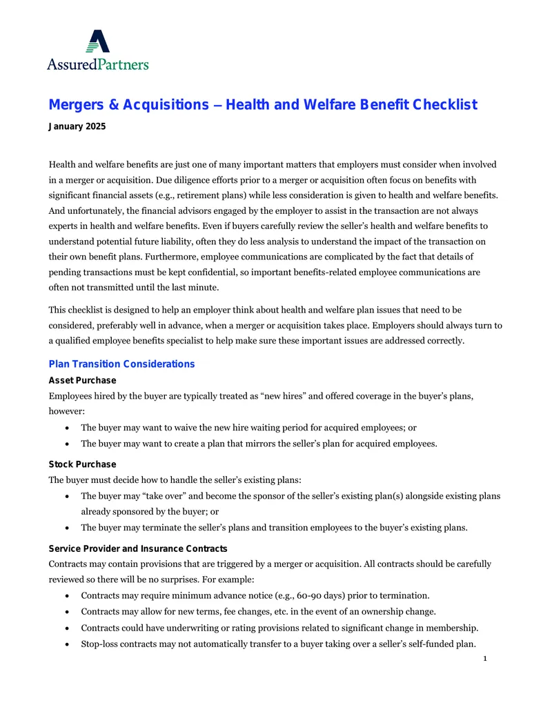 Health and Welfare Benefit Checklist for Mergers and Acquisitions