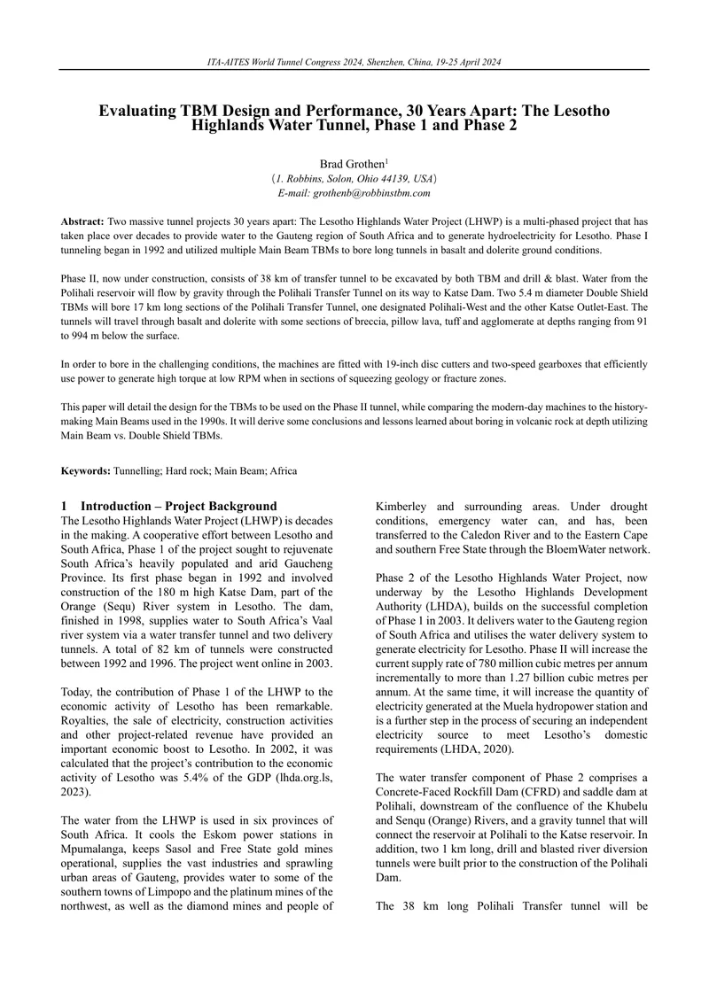 Evaluation of TBM Design for Lesotho Highlands Water Project