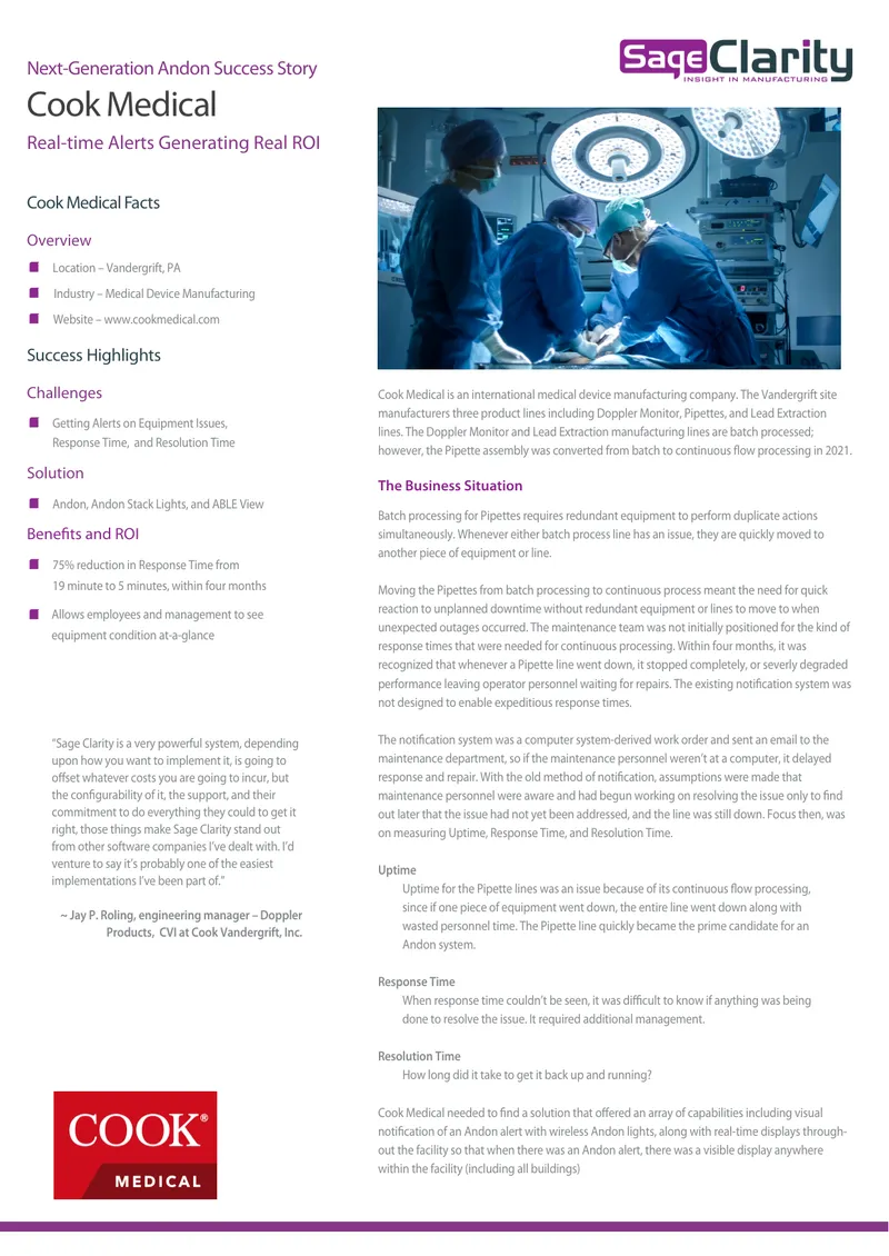 Cook Medical Andon System Implementation Case Study