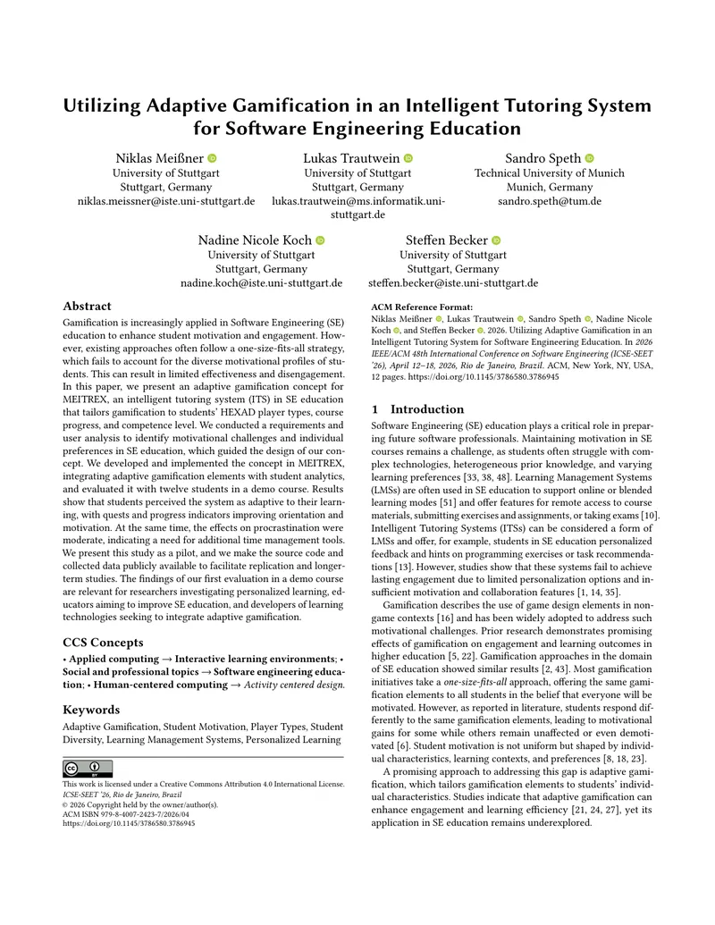 Adaptive Gamification in Intelligent Tutoring Systems