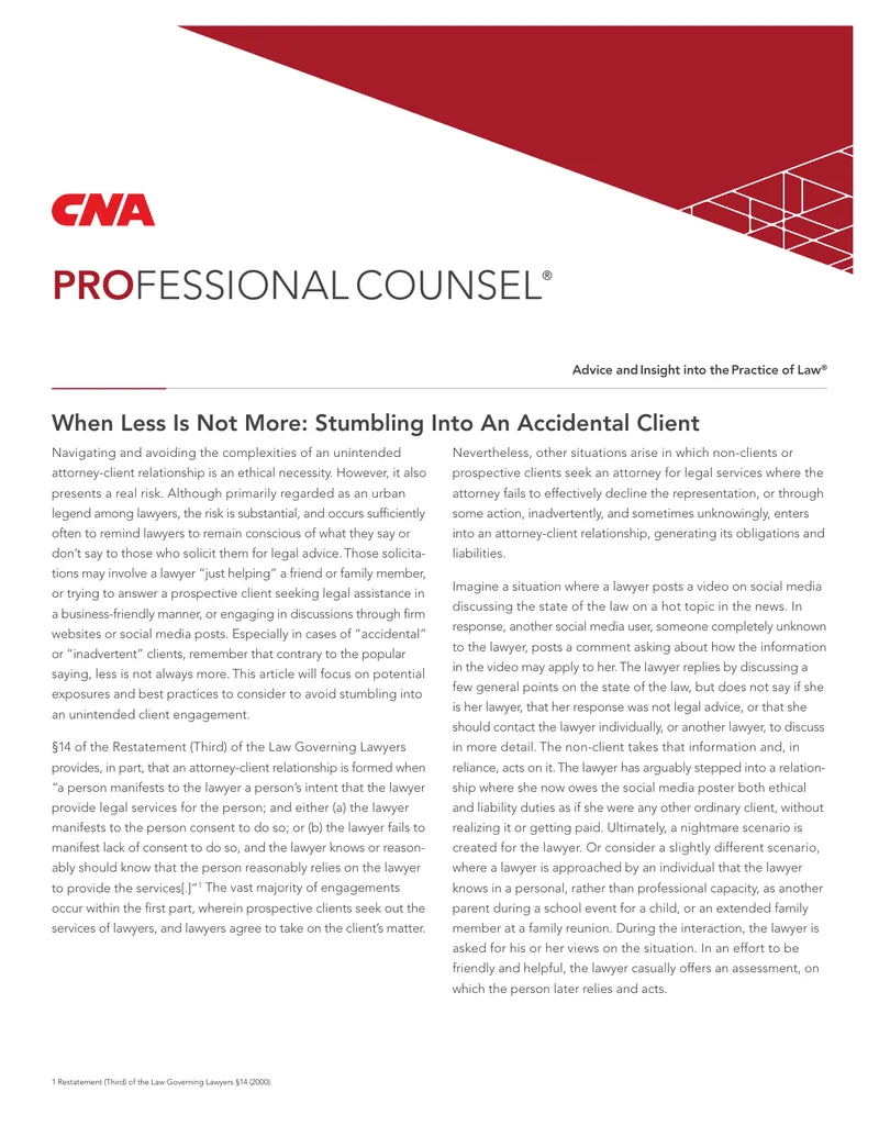 Accidental Attorney-Client Relationships and Ethical Risks