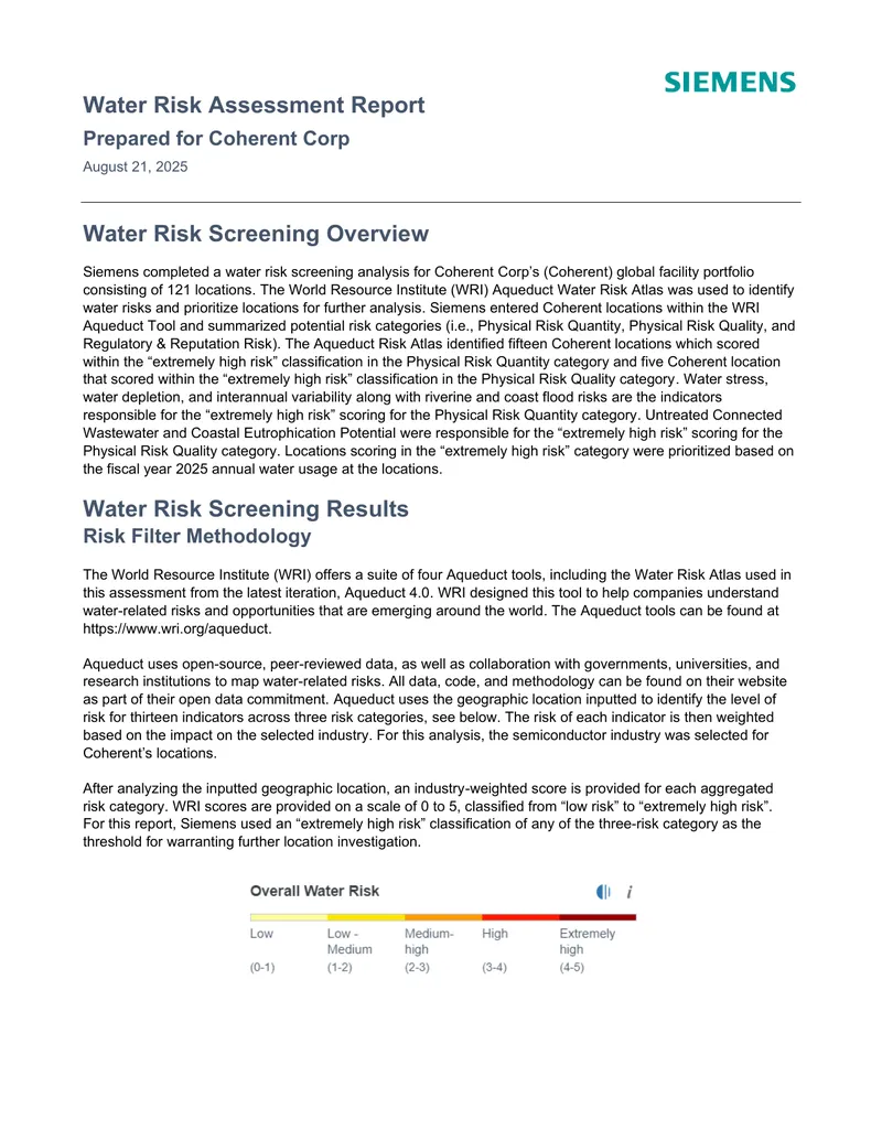 Water Risk Assessment Report for Coherent Corp