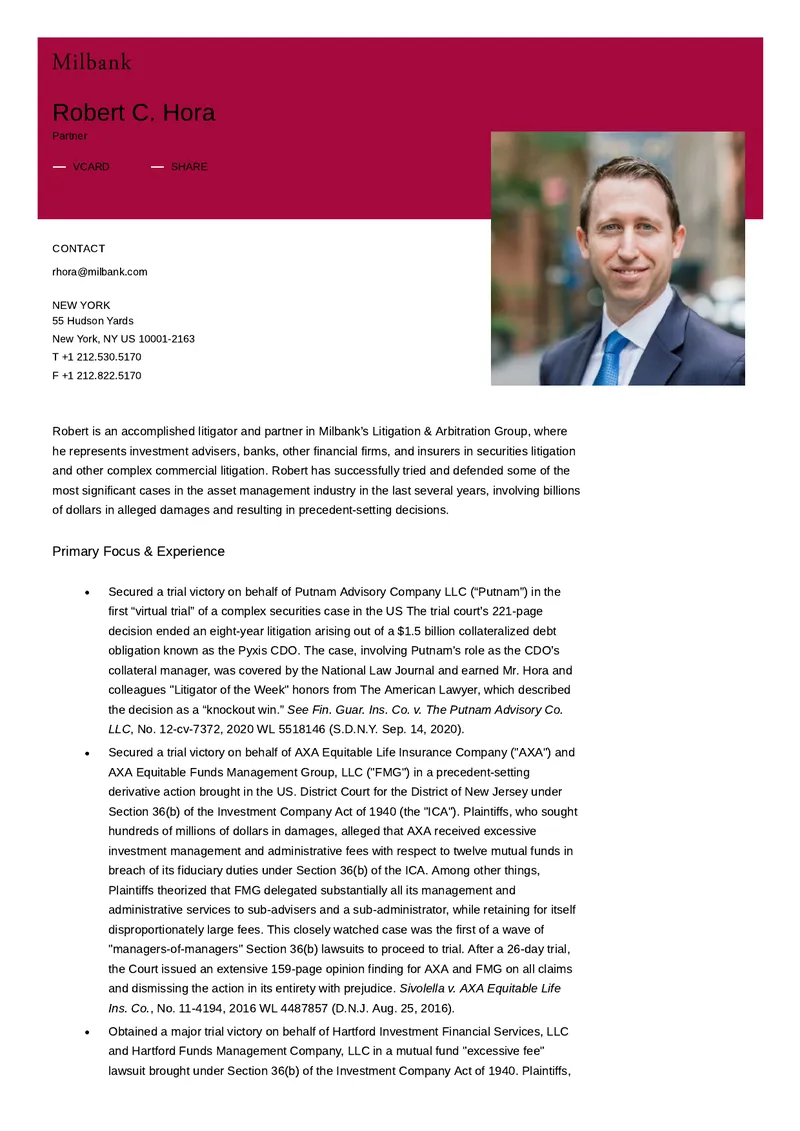 Litigation Experience of Robert C. Hora