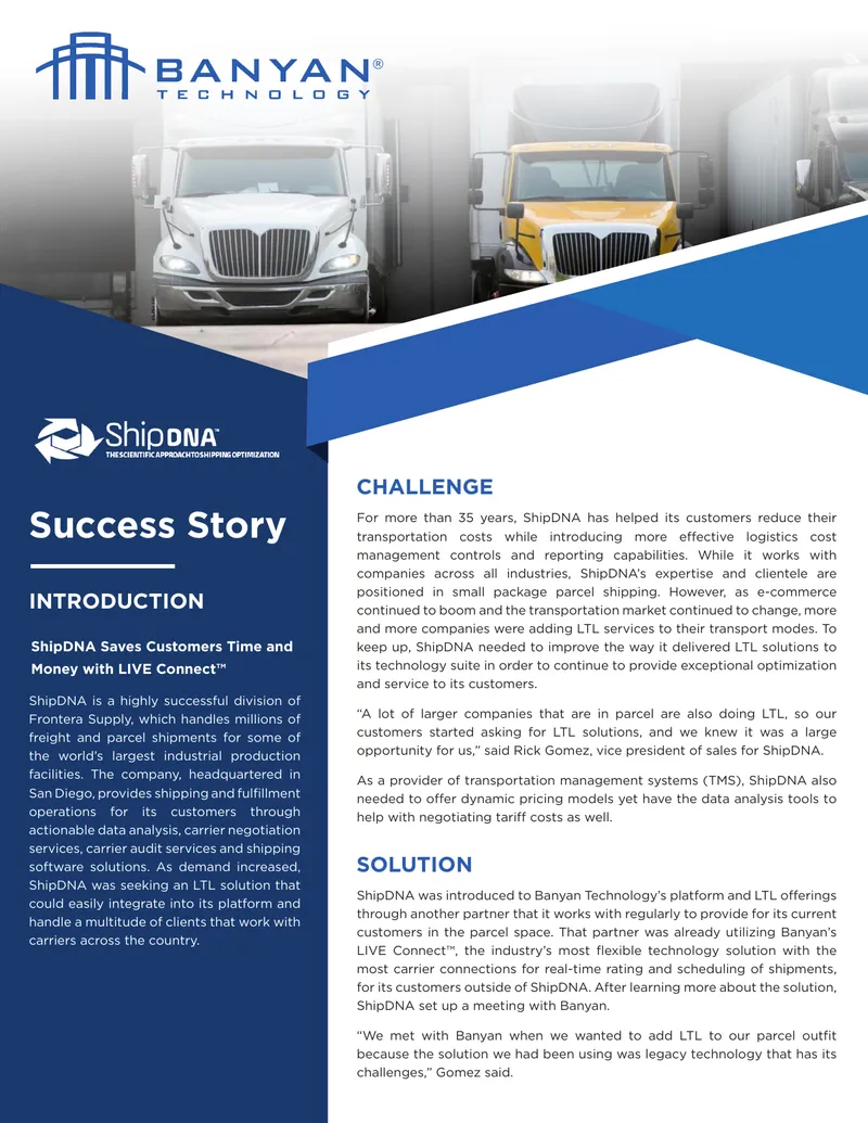 ShipDNA Enhances LTL Solutions with Banyan Technology