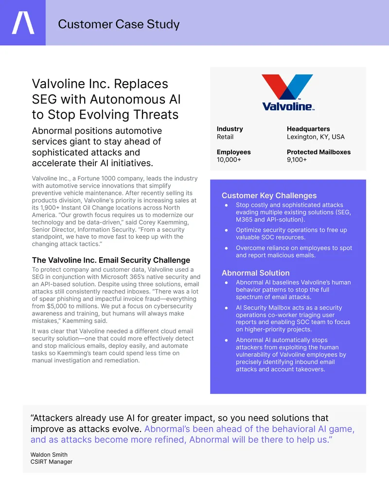 Valvoline Inc. Implements Abnormal AI for Email Security